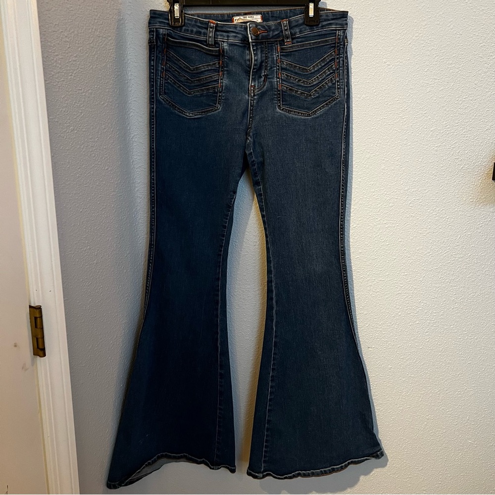 Free People Dark Wash High Rise Bootcut/Flare Jeans with Chevron Pockets